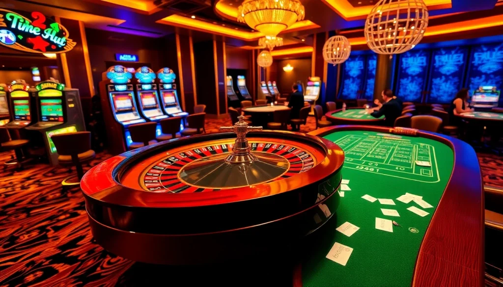 Exciting casino scene featuring players at roulette and poker tables highlighting https://rr88.wales/ gaming experience.