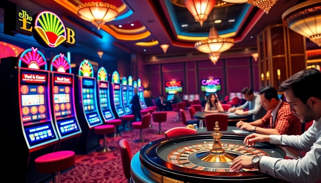 Nếu như vậy bám vào đây in a thrilling casino scene with vibrant tables and excited players.