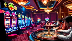 Nếu như vậy bám vào đây in a thrilling casino scene with vibrant tables and excited players.