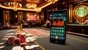 Trải nghiệm trò chơi sang trọng với giao diện ứng dụng sống động của Tik88 giữa các bàn casino.