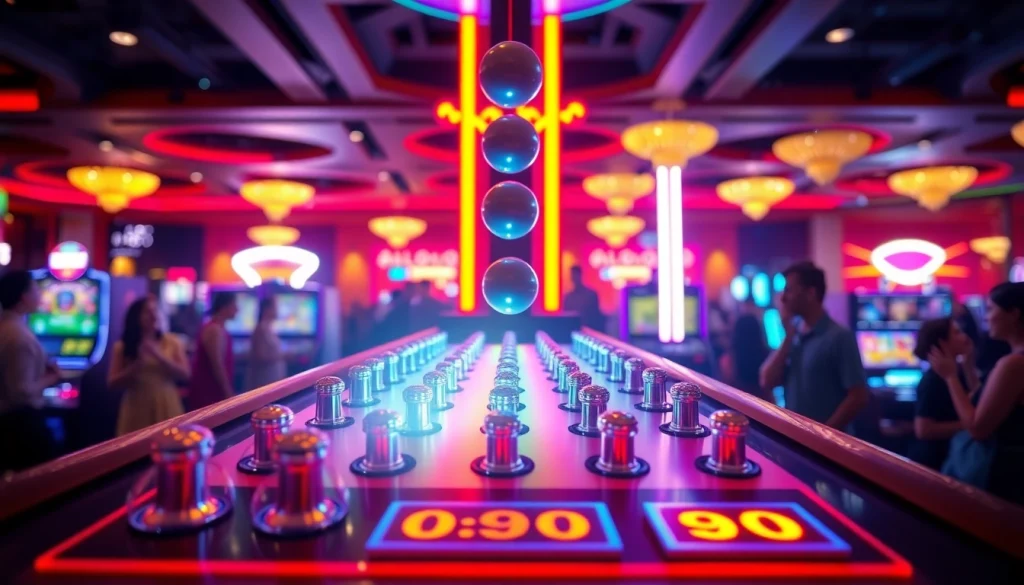 Bermain situs plinko dengan papan berwarna-warni yang memantulkan cahaya pada setiap bola yang jatuh.