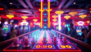 Bermain situs plinko dengan papan berwarna-warni yang memantulkan cahaya pada setiap bola yang jatuh.