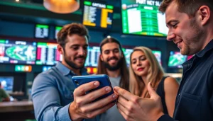 Excited group exploring sports betting sites South Carolina at a vibrant sports bar atmosphere.