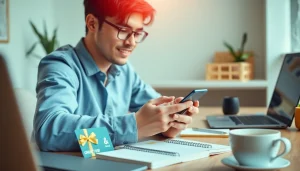 상품권소액결제를 사용하는 젊은 성인이 선물권으로 둘러싸인 스마트폰 사용 이미지