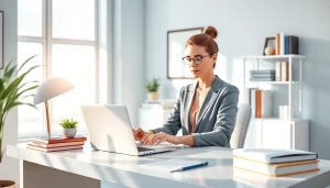 Espace de travail professionnel d'un traducteur assermenté en ligne, avec un traducteur travaillant sur des documents et des logiciels de traduction.