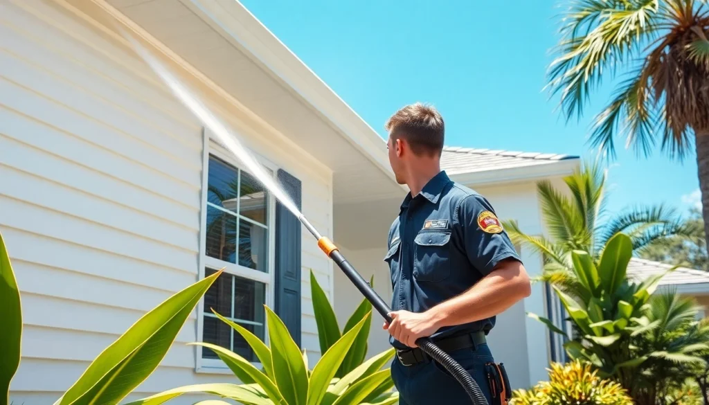 Soft wash technician cleaning a residential home exterior in Kissimmee, FL.