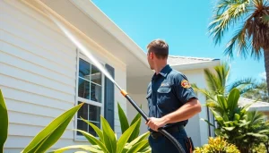 Soft wash technician cleaning a residential home exterior in Kissimmee, FL.