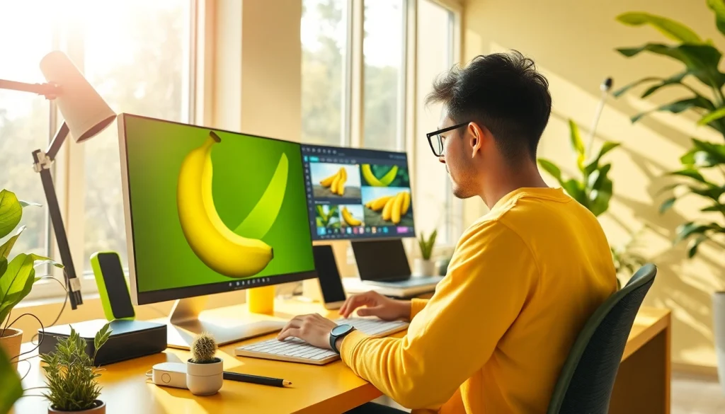 Designer utilizing the innovative Nano Banana AI image editor in a bright workspace.