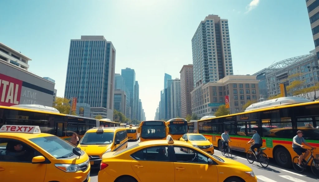 Transportation scene in a vibrant urban environment, highlighting various transit modes and city life.