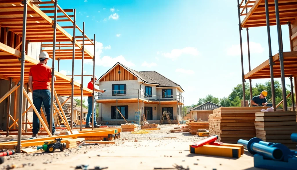 Skilled workers engaged in Austin construction on a vibrant, sunny site.