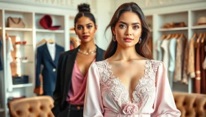 Showcasing Rivelle clothing collection in a stylish boutique environment with vibrant colors.