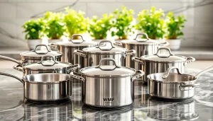 Shop quality WMF cookware NZ in a stylish kitchen setup featuring polished pots and pans.