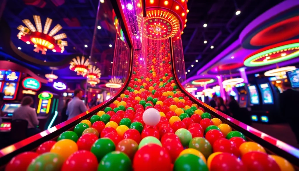 Menangkan pemain saat memainkan plinko slot dengan bola berwarna yang meluncur ke bawah.