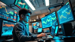 Innovative tech workspace illustrating infosec with digital screens showing Amazon price trends.