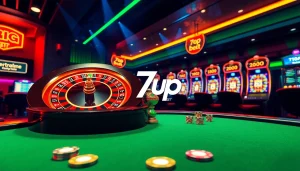 Exciting online gambling interface showcasing 7upbet with roulette wheel and poker chips.