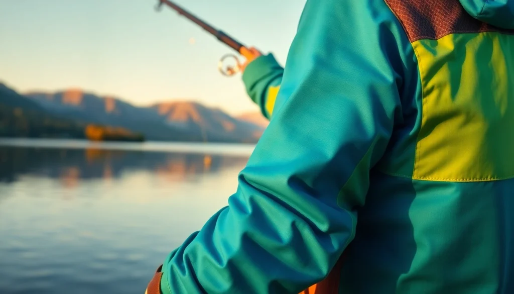 Showcasing fly fishing apparel with a fisherman in action near a tranquil lake.