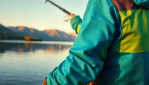 Showcasing fly fishing apparel with a fisherman in action near a tranquil lake.