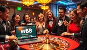 Players enjoying exciting games at nhà cái rr88 casino, with a luxurious roulette table in view.