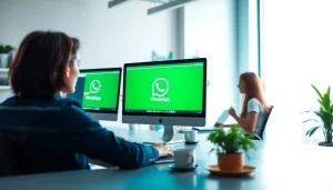 朋友在现代办公环境中使用 WhatsApp网页版，展示无缝沟通。