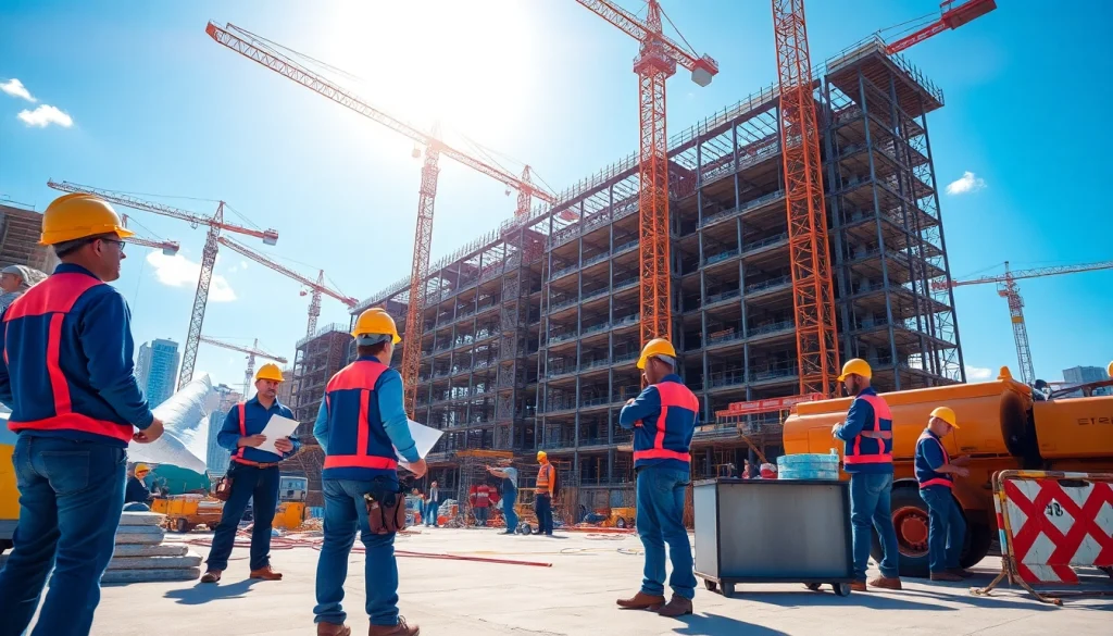 Austin construction site with workers collaborating on a high-rise project, showcasing teamwork and construction activity.