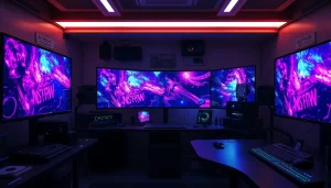 Innovative NSFW AI image generation workstation with vibrant screens and modern design.