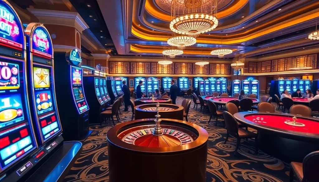 Action-packed gaming scene with idnslot-themed slot machines and vibrant poker tables.