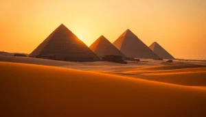 Piraminds silhouetted against a sunset sky, showcasing their ancient architecture and beauty.