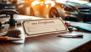 Showcase a car detailing gift certificate among detailing tools, emphasizing luxury and elegance.