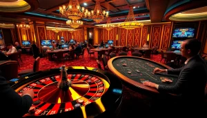 Nền Tảng RR88 features players engaged in an exhilarating casino experience, highlighting roulette and poker action.