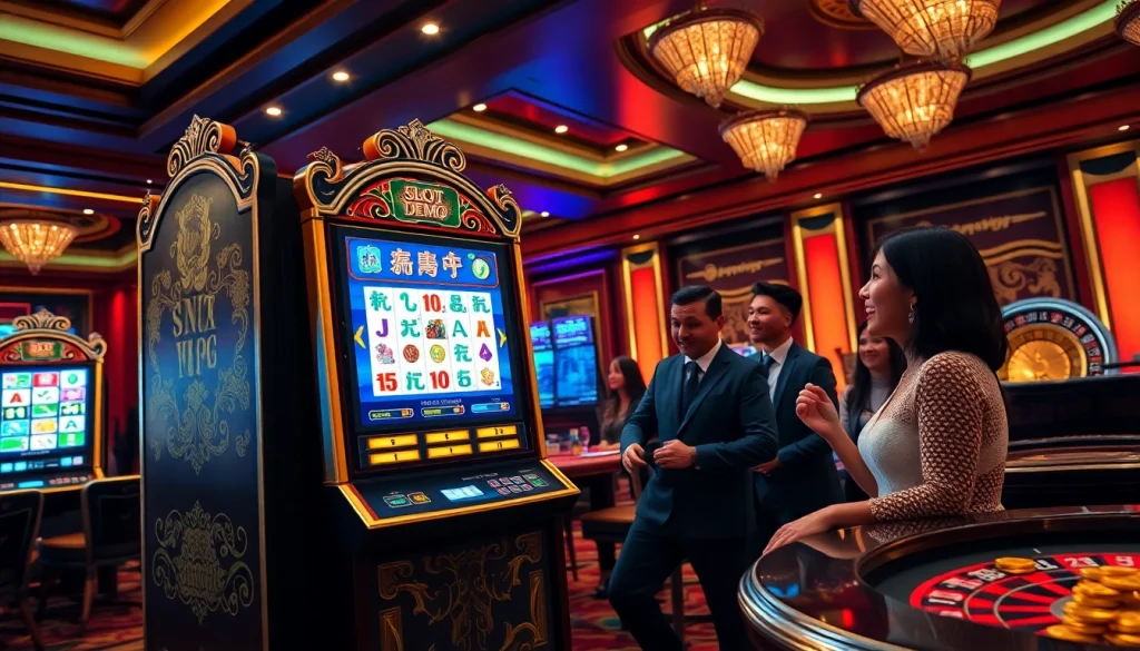 Engaging players enjoying a slot demo mahjong experience at a luxurious casino.