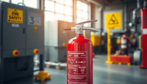Showcasing an electrical fire extinguisher with safety features in a professional industrial environment.