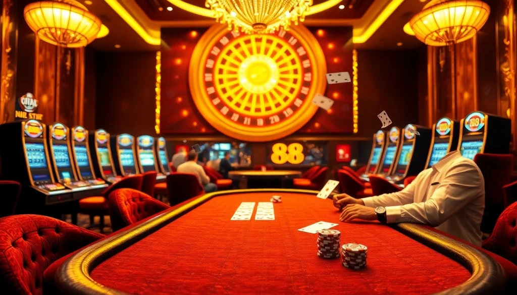 Gamblers enjoying an exciting game session at the FLY 88 casino with poker chips and cards in motion.