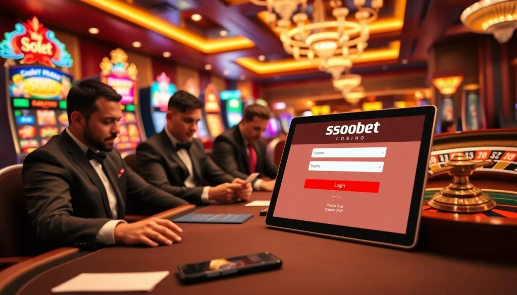 Experience sbobet login with luxury casino setting featuring poker, slots, and roulette.