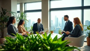 Engaged team at an environmental law firm discussing sustainable practices.