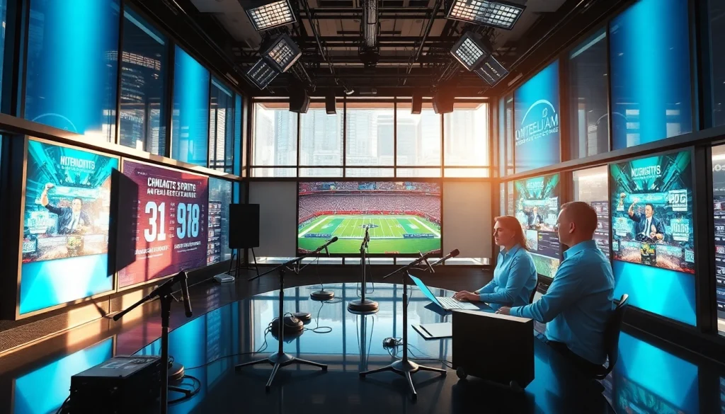 Sports broadcasting anchors discussing a live game in a high-tech studio.