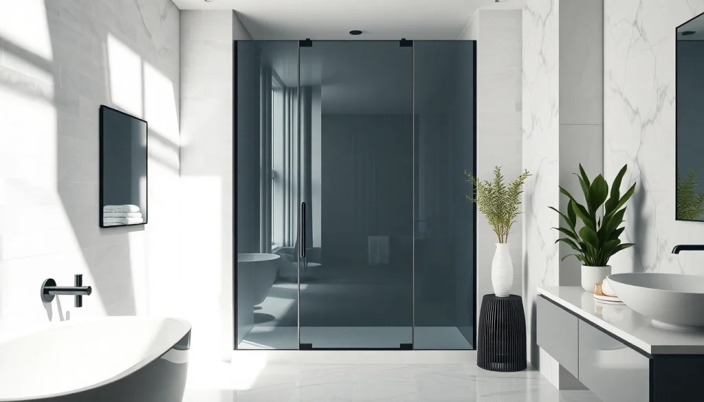 Elegant black shower screen showcased in a modern bathroom setup with bright lighting.