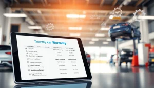 Explore monthly car warranty plans shown on a digital tablet in a professional automotive setting.