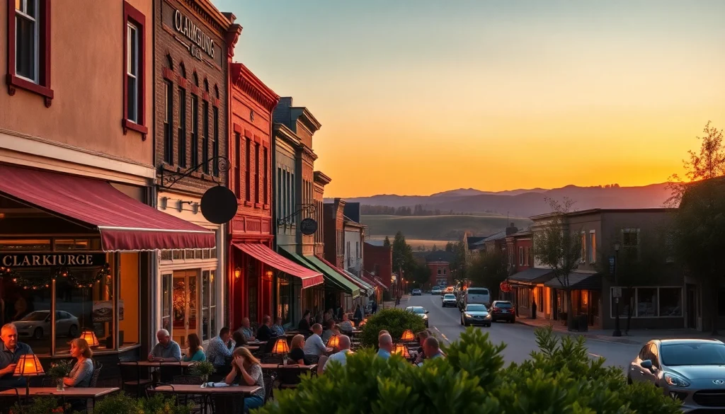 Explore Clarksburg's vibrant main street filled with cafes, warm lights, and historic charm.