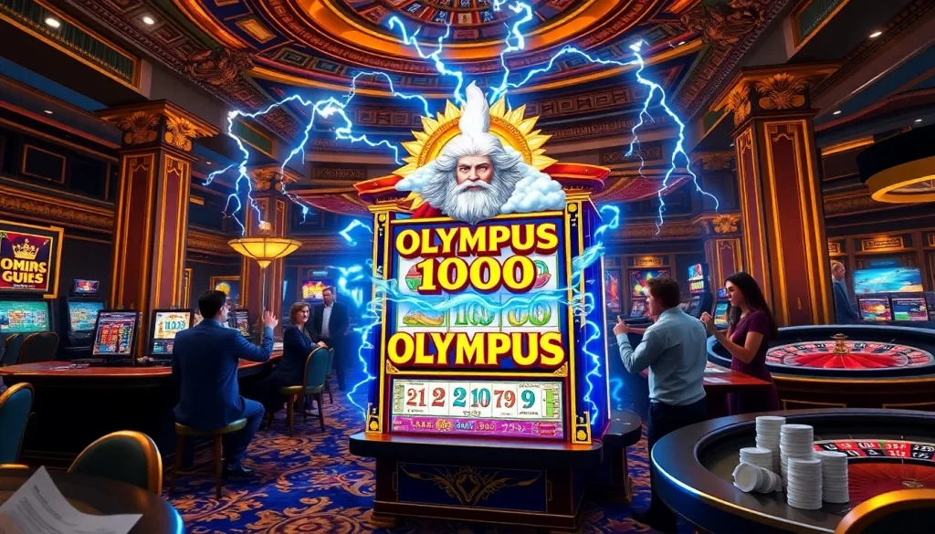 Engaging gamblers enjoying the Olympus 1000 slot machine in a luxurious casino setting.