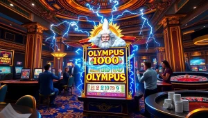 Engaging gamblers enjoying the Olympus 1000 slot machine in a luxurious casino setting.