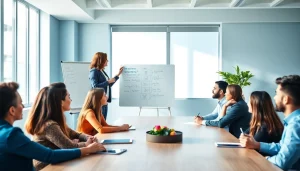 Engaging business coaching service session with diverse entrepreneurs absorbing strategies in a bright office.