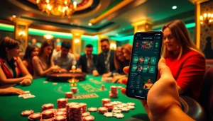 Engaging gamblers at a poker table with smartphones showcasing link alternatif sbobet in a luxurious casino setting.