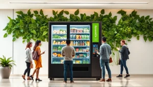 Healthy food vending machine stocked with fresh fruits and salads in a lively office space.