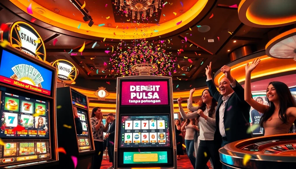 Pemain berinteraksi dengan mesin slot deposit pulsa tanpa potongan yang cerah, merayakan kemenangan di kasino yang ramai.