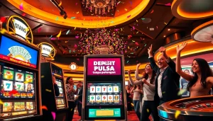 Pemain berinteraksi dengan mesin slot deposit pulsa tanpa potongan yang cerah, merayakan kemenangan di kasino yang ramai.