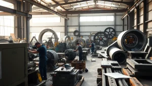 Craftsmen performing custom steel fabrication in a lively workshop setting.