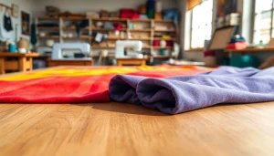 Hoogwaardige jersey stof op een houten tafel met levendige kleuren en natuurlijke verlichting.