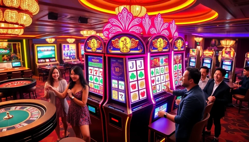 Rasakan pengalaman slot demo Mahjong yang mendebarkan ini, menampilkan pemain yang antusias di mesin slot bertema Mahjong dalam suasana kasino mewah.