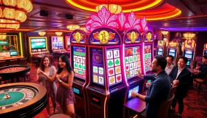 Rasakan pengalaman slot demo Mahjong yang mendebarkan ini, menampilkan pemain yang antusias di mesin slot bertema Mahjong dalam suasana kasino mewah.