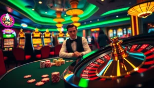 Engage in the thrills of sc88 with colorful casino chips and a spinning roulette wheel.